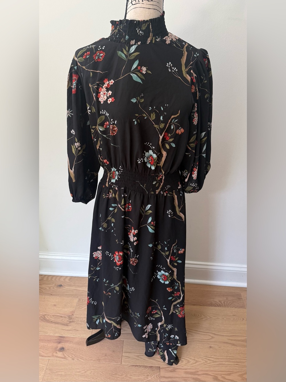 Nanette Lepore Black Floral Smocked High Neck Midi Dress – Size 10 – NWOT